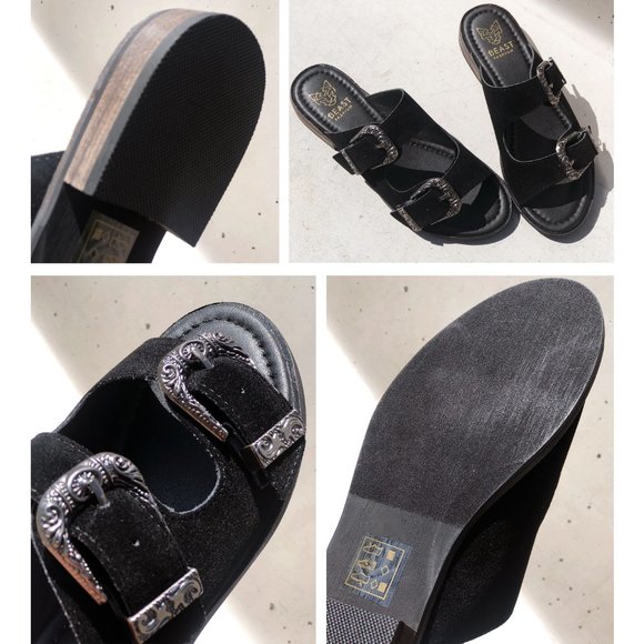 NEW Black Faux Suede Western Metal Buckled Straps Slides Slip On Sandals Shoes - Picture 8 of 12